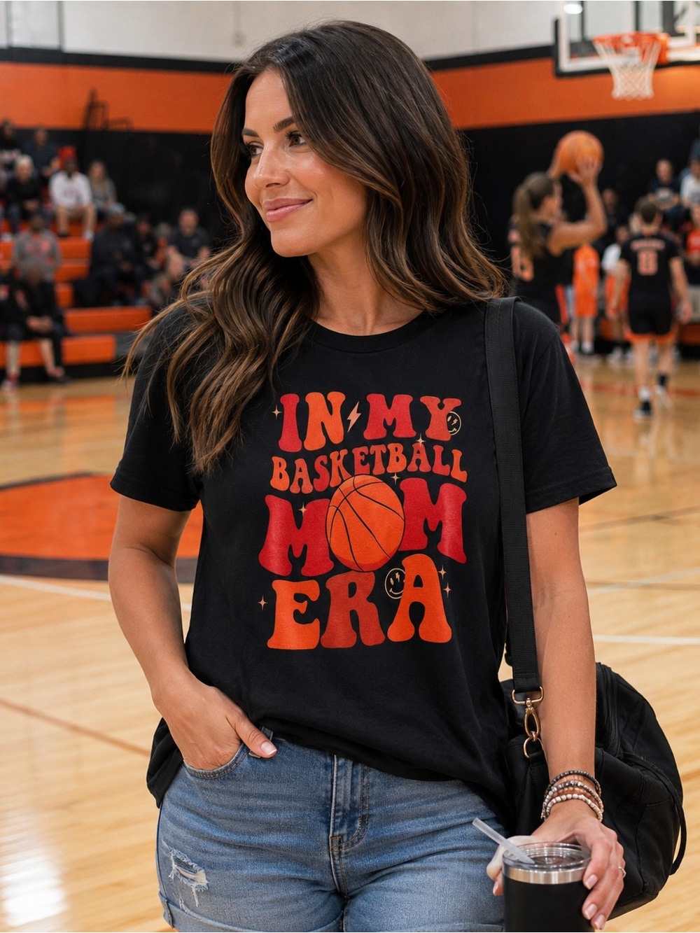 Women’s Black Graphic Tee with Red-Orange Basketball Print Large